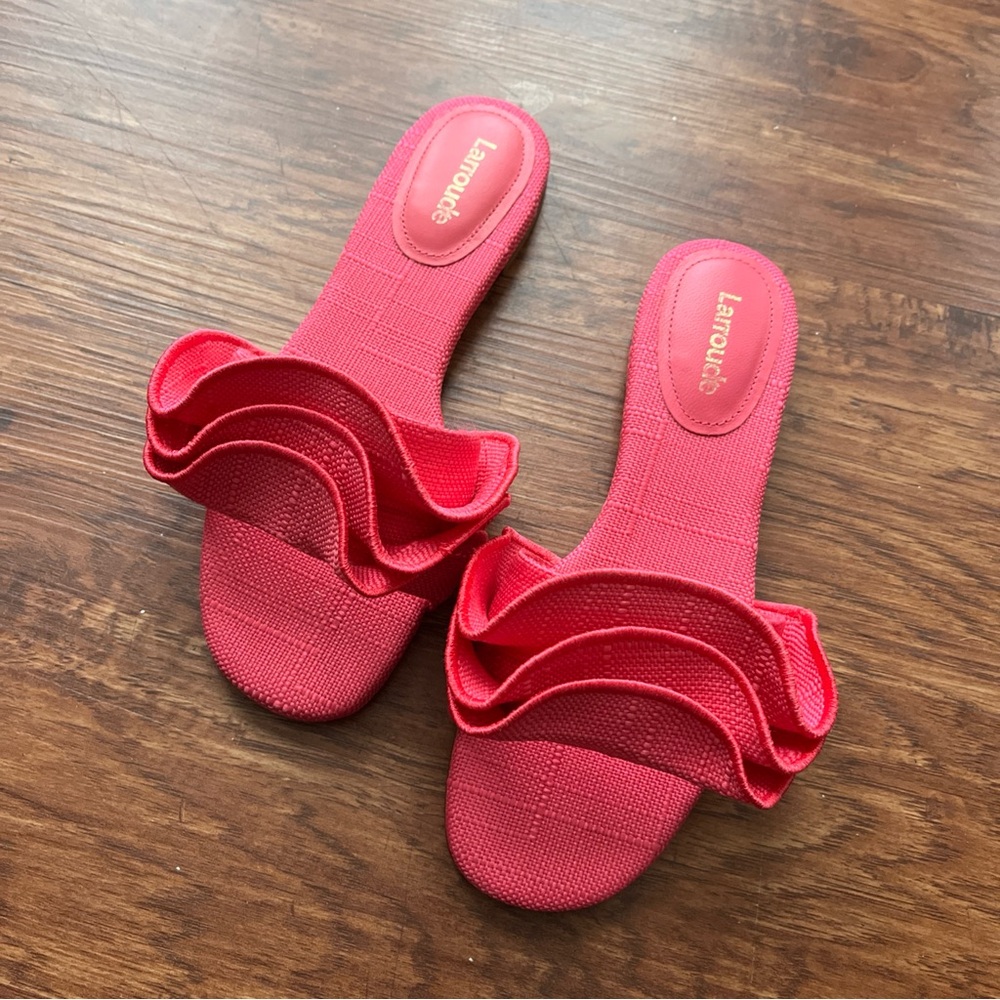 Larroude Ivy flat mule ruffle pink in raffia size 5